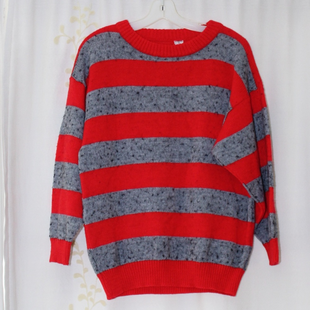 Vintage Red Gray Striped Lana Wool Acrylic Pullover Sweater Italy Men’s M